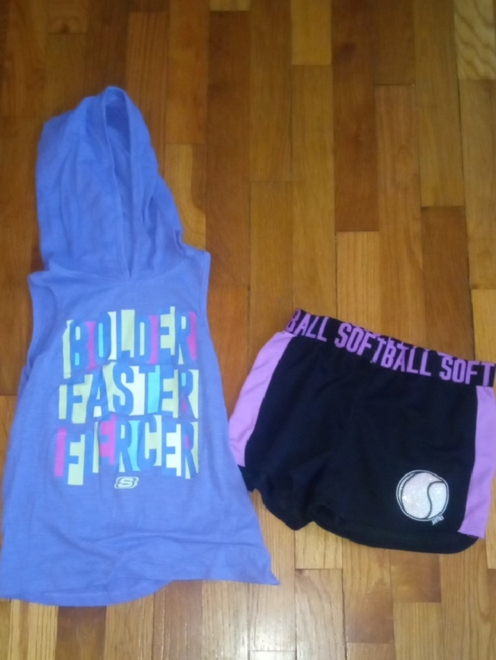 Girls Purple Graphic Hooded Tank & Black Softball graphic Shorts Set, medium